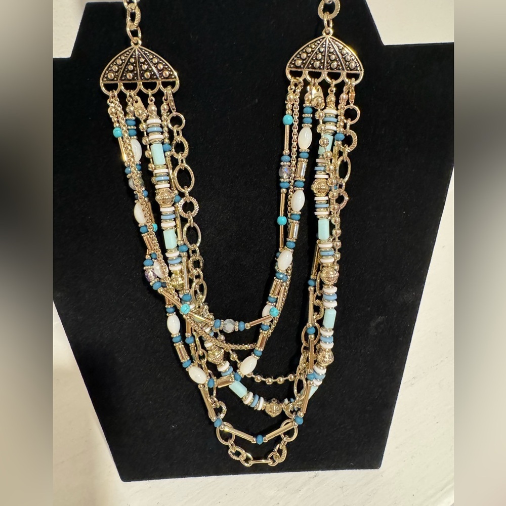 Multi Strand Turquoise and Gold Tone Necklace Bohemian Inspired Lobster Claw